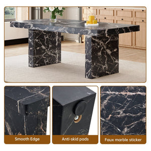 English Elm Table and Chair Set 7 Piece Black Marble Mdf Dining with Pu Leather Seating W1151S04135