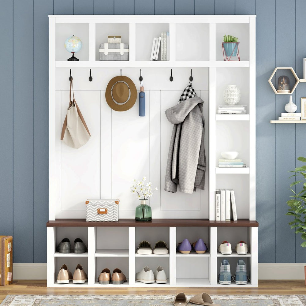 English Elm Farmhouse Hall Tree with Triple Arch Back Panel Eight Hooks Drawers and Entryway Bench N721S000044K-1