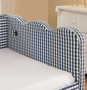 English Elm Cozy Twin Gingham Daybed with Trundle Sofa Bed, Linen Upholstery, USB Port, Wave Frame Design Navy W1413S00101