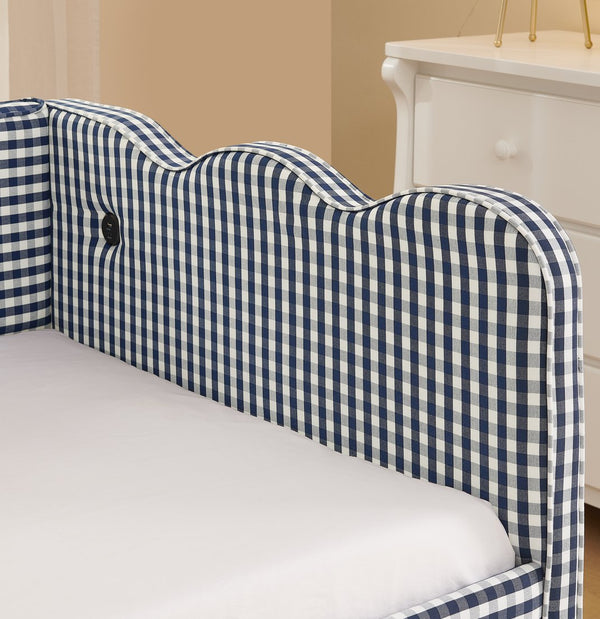English Elm Cozy Twin Gingham Daybed with Trundle Sofa Bed, Linen Upholstery, USB Port, Wave Frame Design Navy W1413S00101