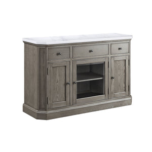 English Elm Zumala Marble Top Server with Weathered Oak Finish, Nailhead Trim, Felt-Lined Drawers, Trestle Base B2726P333614
