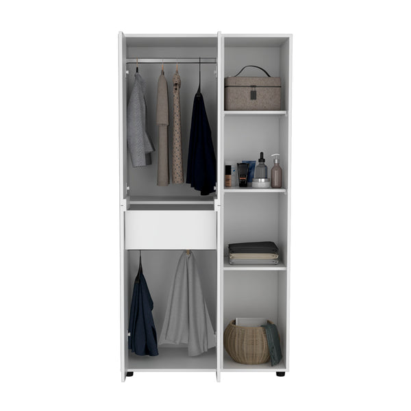English Elm Misuri Multi-Function Wardrobe Armoire with Double Doors, Drawer, Hanging Rods and Open Shelves White 74 L x 24 W x 2 H B200S00287