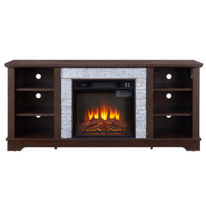 English Elm Faux Stacked Stone TV Media Stand with 18" Fireplace Insert, Cherry Finish, 65" TV Fit, Ample Storage and Cable Management W1758S00016