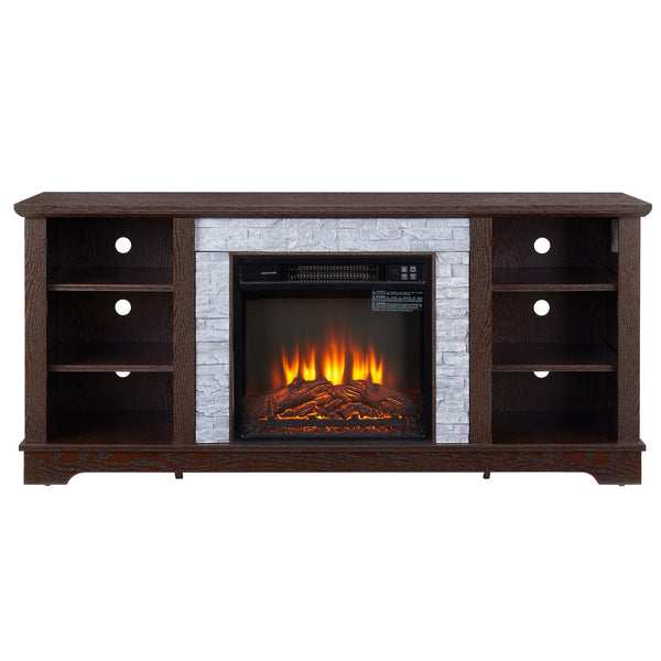 English Elm Faux Stacked Stone TV Media Stand with 18" Fireplace Insert, Cherry Finish, 65" TV Fit, Ample Storage and Cable Management W1758S00016