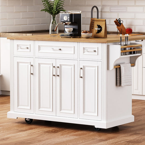 English Elm K&k Farmhouse Rolling Kitchen Island Rubberwood Drop Leaf 3 Drawers 4 Cabinet Doors White N707S195395W