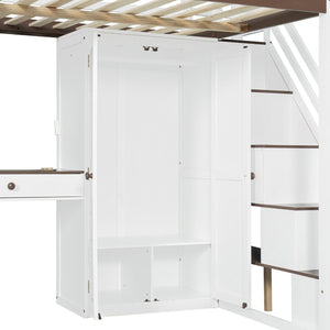 English Elm Full Size Teen Loft Bed with Wardrobe Staircase Storage Dressing Table and Led Lights LT000276AAP