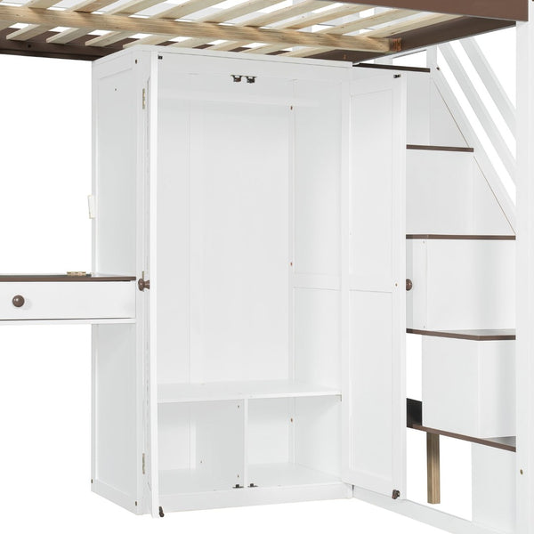 English Elm Full Size Teen Loft Bed with Wardrobe Staircase Storage Dressing Table and Led Lights LT000276AAP
