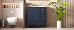 English Elm 30 30 Inch Bathroom Vanity with Ceramic Sink, Modern Compact 3-Drawer Storage Cabinet for Small Baths Blue N710P247499C