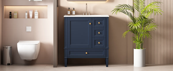English Elm 30 30 Inch Bathroom Vanity with Ceramic Sink, Modern Compact 3-Drawer Storage Cabinet for Small Baths Blue N710P247499C