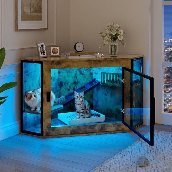 English Elm 48" Corner Mdf Cat Litter Enclosure Cabinet with Led Acrylic Door and Play Loft Tiger N704P402446D