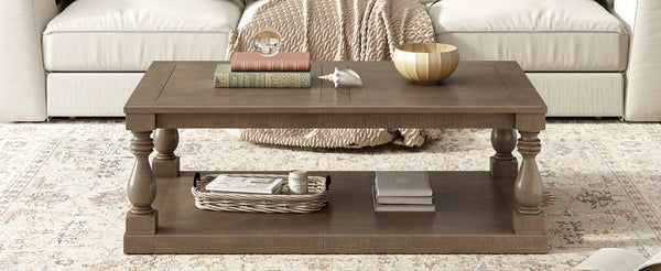 English Elm U_style Pine Veneer Coffee Table with Sculptural Turned Legs for Classic Living Room Decor Brown N711P407149D