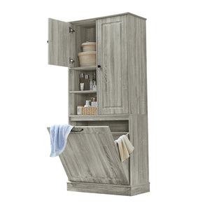 English Elm Tall Storage Cabinet with Flip-Out Basket, Adjustable Shelves & Aluminum Handles for Organized Living Oak N725P322739L