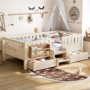 English Elm Twin Kids Storage Bed with Bookshelf Headboard Safety Staircase and Under Drawers Beige W1580P379183