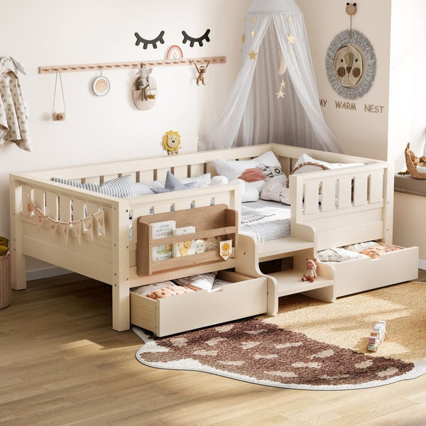English Elm Twin Kids Storage Bed with Bookshelf Headboard Safety Staircase and Under Drawers Beige W1580P379183