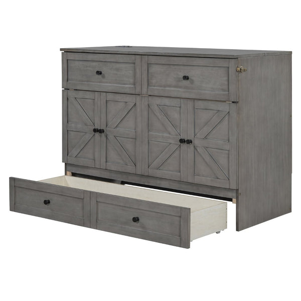 English Elm Full Size Murphy Bed Rattan Cabinet with Storage Drawers and Gold Hardware N708S00005AAE