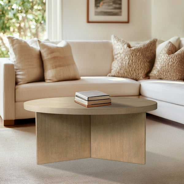 JLA Home Martha Stewart - Round reclaimed greige wood coffee table with starburst veneer top, modern minimalist centerpiece MT120-0180