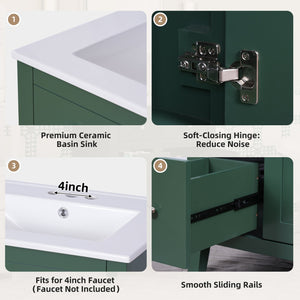 English Elm 24" Modern Bathroom Vanity with Ceramic Basin, French Country Cross-Grid Design & Soft-Close Drawers Green N710P280655F