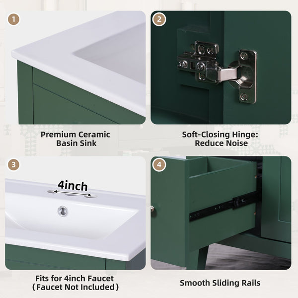 English Elm 24" Modern Bathroom Vanity with Ceramic Basin, French Country Cross-Grid Design & Soft-Close Drawers Green N710P280655F
