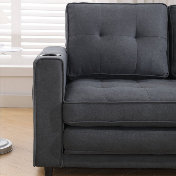 English Elm {VIDEO 3-in-1 Upholstered Futon Sofa Bed Convertible Loveseat with Tufted Back, Cup Holders & Side Pockets Dark Gray W2325P183181