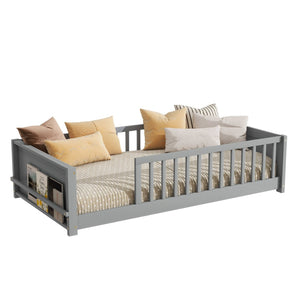 English Elm Twin Floor Platform Bed With Book Rack - Cozy Grey Design, Safe Low Profile, Easy Assembly & Storage W504P345764-GIGA