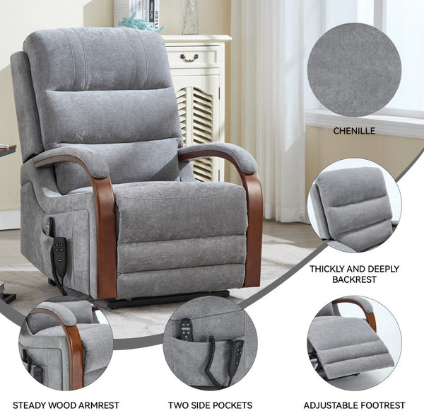English Elm Power Lift Recliner Chair Chenille Upholstery Dual Motor Heat Massage Solid Wood Arms Gray W1803S00066