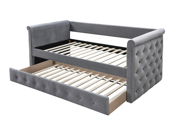 English Elm Contemporary Button Tufted Daybed Gray Burlap Upholstery Trundle Guest Sleeping B011S02046
