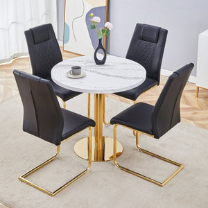 English Elm Table 31.5-Inch Round Dining Set With Elegant White Marble Top & 4 Black Pu Chairs, Gold Legs W1151S02492-GIGA