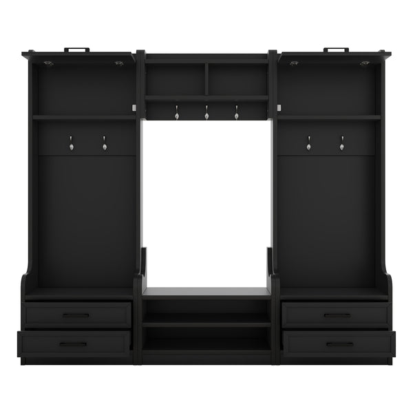 English Elm 4-in-1 Hall Tree with Bench, 7 Hooks, 2 Cabinets & 4 Drawers for Entryway Storage and Seating Black W1580S00089