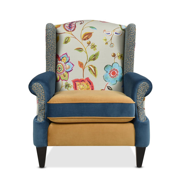 English Elm Jennifer Taylor Home - Anya Boho Chic Wingback Accent Chair - Vibrant Floral & Leopard Print In Blue-Teal & Yellow-Gold B2719P238252