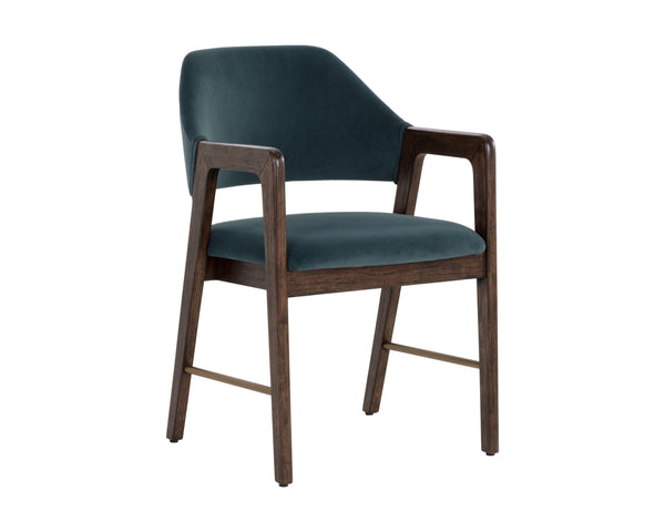 Sunpan Milton Dining Armchair - Chic Mid-Century Modern Design with Solid Rubberwood Frame & Brass Stretchers Smoke Acacia / Meg Dusty Teal