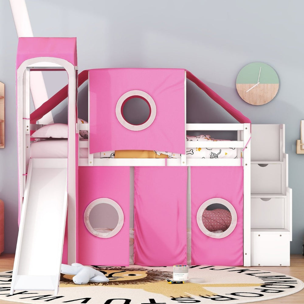 English Elm Twin Castle Loft Bed with Play Tower Pinewood Frame for Kids Bedroom Storybook LT000568AAH-1