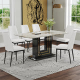 Modern 7-Piece White Faux Marble Dining Set, Rectangular Glass Table for 6-8, MDF Base, 6 Chairs