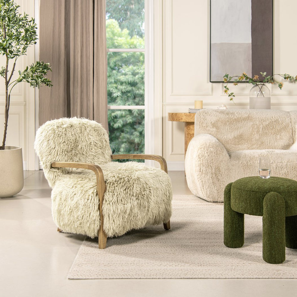 English Elm Jennifer Taylor Home - Enchante Taupe New Zealand Sheepskin Arm Chair with Oak Arms, Plush Comfort & Modern Rustic Charm B2719P238270