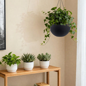 English Elm 13.4 Inch Rattan Texture Self Watering Hanging Planter with Reservoir for Balcony Black W3213P383075