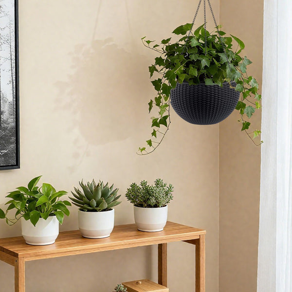 English Elm 13.4 Inch Rattan Texture Self Watering Hanging Planter with Reservoir for Balcony Black W3213P383075