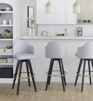 English Elm Fixed-height Swivel Barstools Upholstered Grey Fabric Black Wood Legs Kitchen Set of 2 Light Grey B202S01866