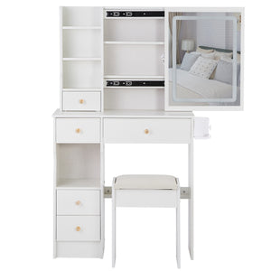 English Elm 29.2" Compact Left Drawer Vanity Table With Cushioned Stool, Led Mirror, Usb Ports & Hair Dryer Holder W3258P299616