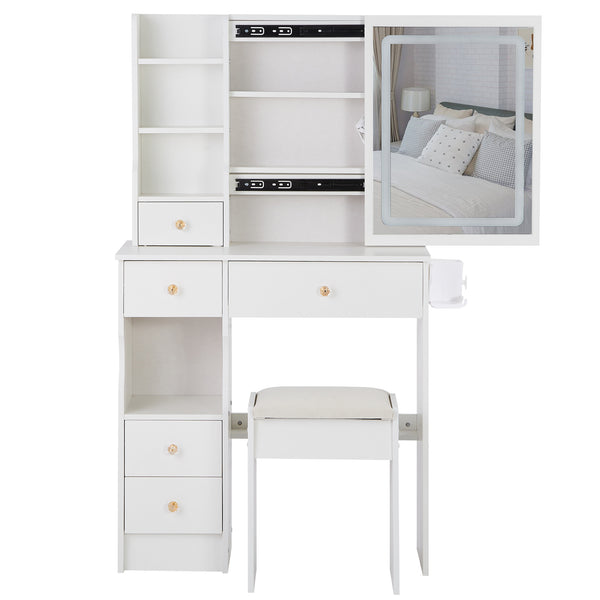 English Elm 29.2" Compact Left Drawer Vanity Table With Cushioned Stool, Led Mirror, Usb Ports & Hair Dryer Holder W3258P299616