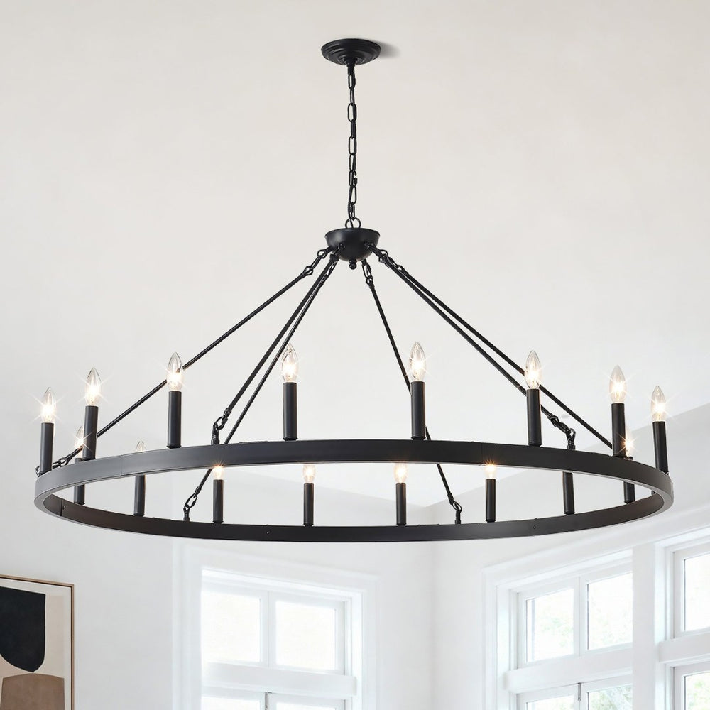 English Elm 53.15 Inch Wagon Wheel Chandelier Matte Black 18 Light Farmhouse Industrial Large Room W5008P389053