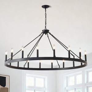 English Elm 53.15 Inch Wagon Wheel Chandelier Matte Black 18 Light Farmhouse Industrial Large Room W5008P389053