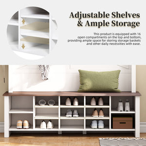 English Elm ON-TREND Farmhouse 4-in-1 Hall Tree with 6 Hooks, Walnut Bench, 16 Compartments, Rustic Entryway Organizer White N721P264915K