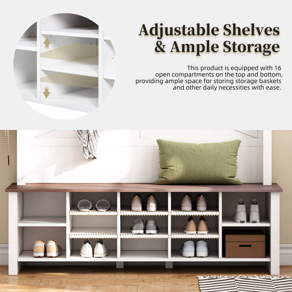 English Elm ON-TREND Farmhouse 4-in-1 Hall Tree with 6 Hooks, Walnut Bench, 16 Compartments, Rustic Entryway Organizer White N721P264915K