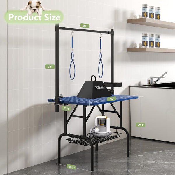English Elm 36''large Folding Dog Grooming Table with Arm Noose Mesh Tray for Home Pet Care W3587P358723