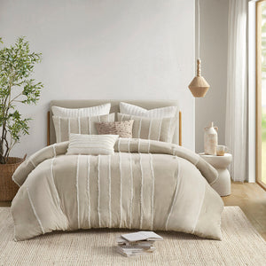 JLA Home INK+IVY - 3 Striped Cotton Comforter Set with Hypoallergenic Fill, OEKO-TEX Certified, Boho Jacquard Trim and Breathable Softness Taupe II10-1325