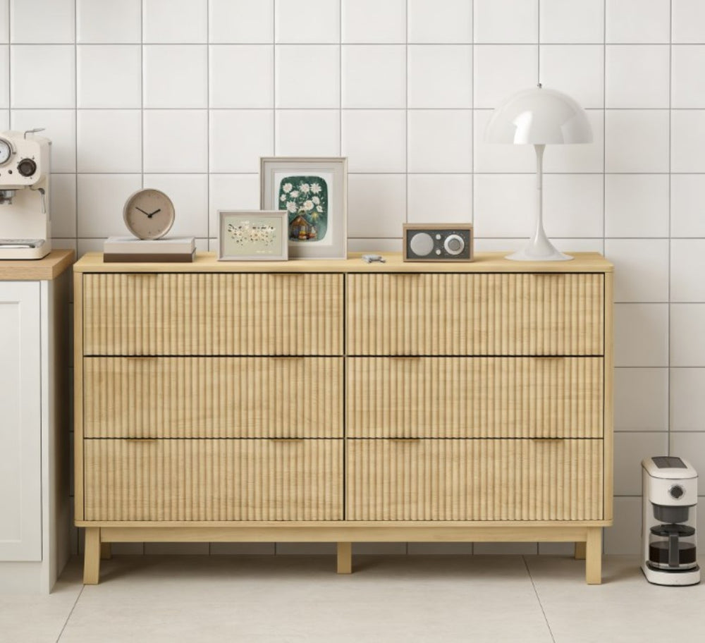 English Elm Closet Six Drawer Double Dresser with Fluted Fronts Gold Pulls and Rubberwood Legs T3971P431255