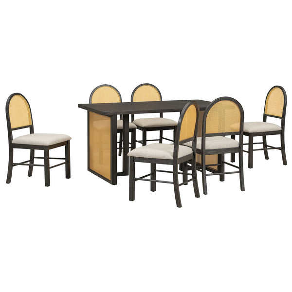 English Elm TREXM 7-Piece Farmhouse Dining Set with Distressed Oak Veneer Table and Upholstered Rattan Chairs, Rustic Elegance for Family Meals Beige,Espresso ST000149AAP