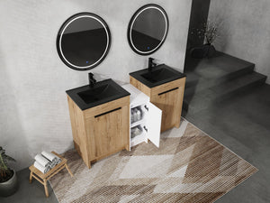 English Elm 60 Inch Freestanding Bathroom Vanity With Black Sink, Soft-Close Doors & Ample Storage Space W999S00322