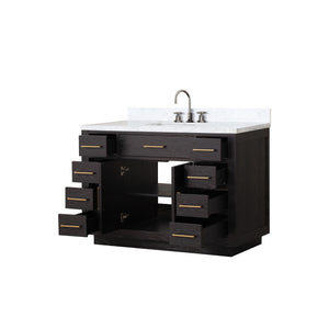 English Elm Black Oak Single Bath Vanity 48" W x 22" D with Carrara Marble Top, Chrome Gooseneck Faucet, Soft-Close Cabinet B2731P260825