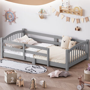 English Elm Twin Montessori Floor Bed Solid Pine Frame with Safety Guardrails for Kids Bedroom Gray N733P400298E