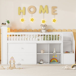 English Elm Twin Loft Bed with Built-In Stairs, Shelves, Hanging Rod & 2 Drawers for Space-Saving Kids Room White 45.87 L x 18.5 W x 10.83 H W2593S00004